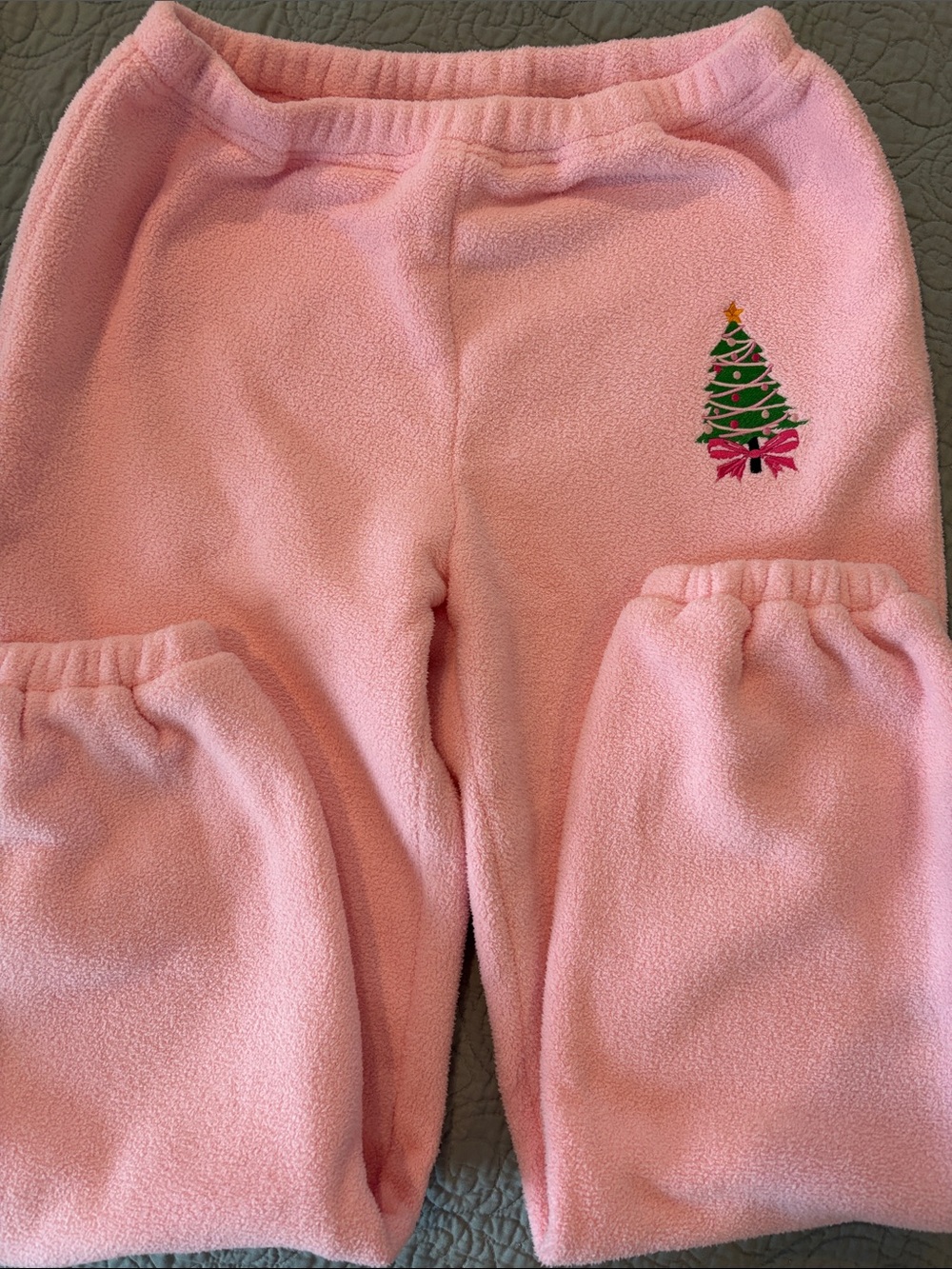 Pink Fleece Bottoms with Christmas Tree Embroidery